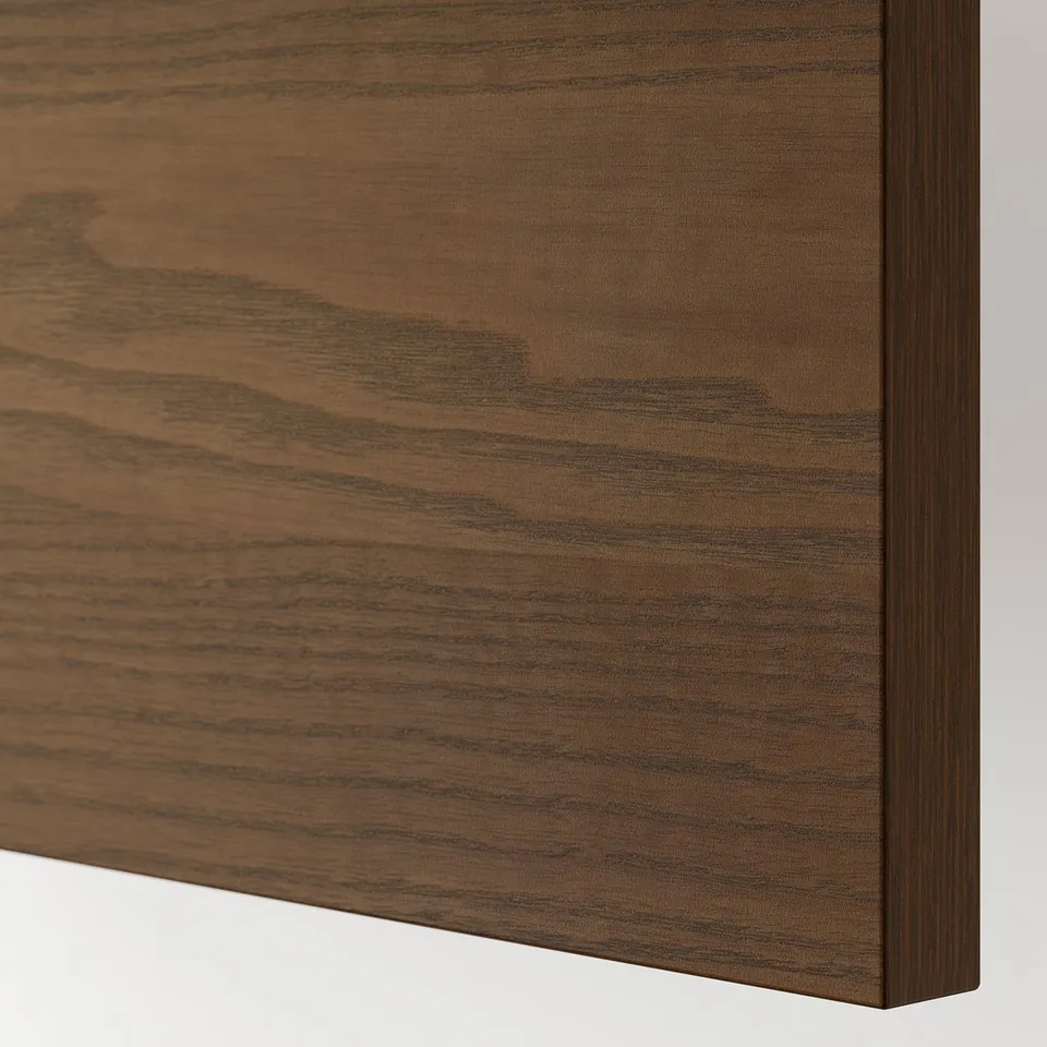 Close-up of a sleek, dark brown wooden surface with visible grain texture, showcasing high-quality craftsmanship and natural wood finish.