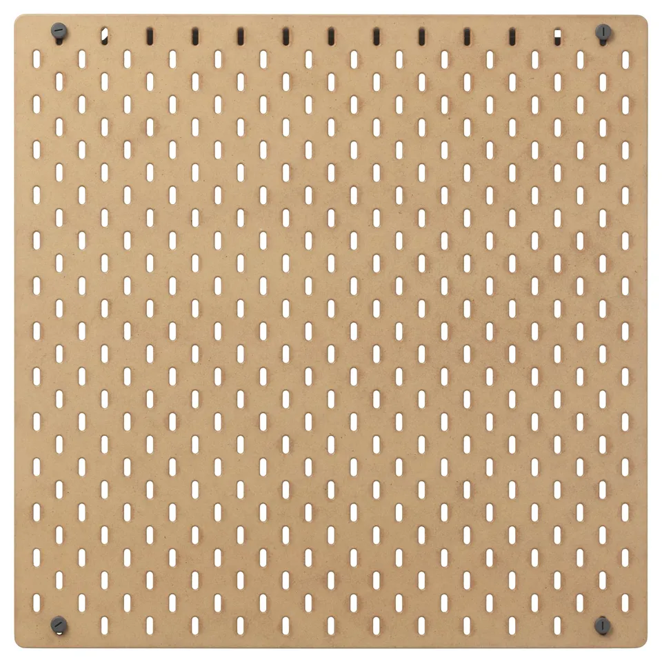 SKÅDIS brown pegboard, square shape, with evenly spaced holes, ideal for organising home office or any room.