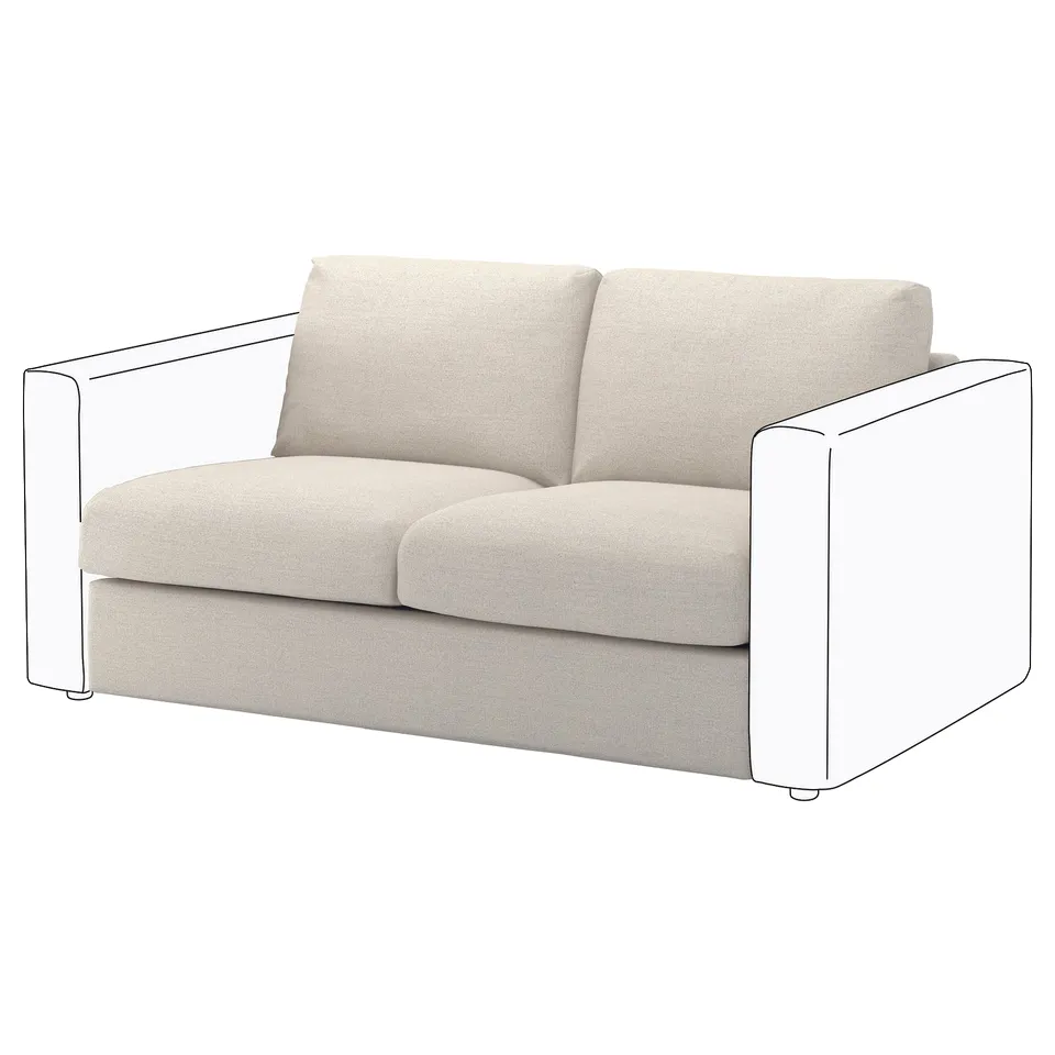 A beige VIMLE sofa with a minimalist design, featuring a wool-like texture, two cushions, and removable covers for easy cleaning.