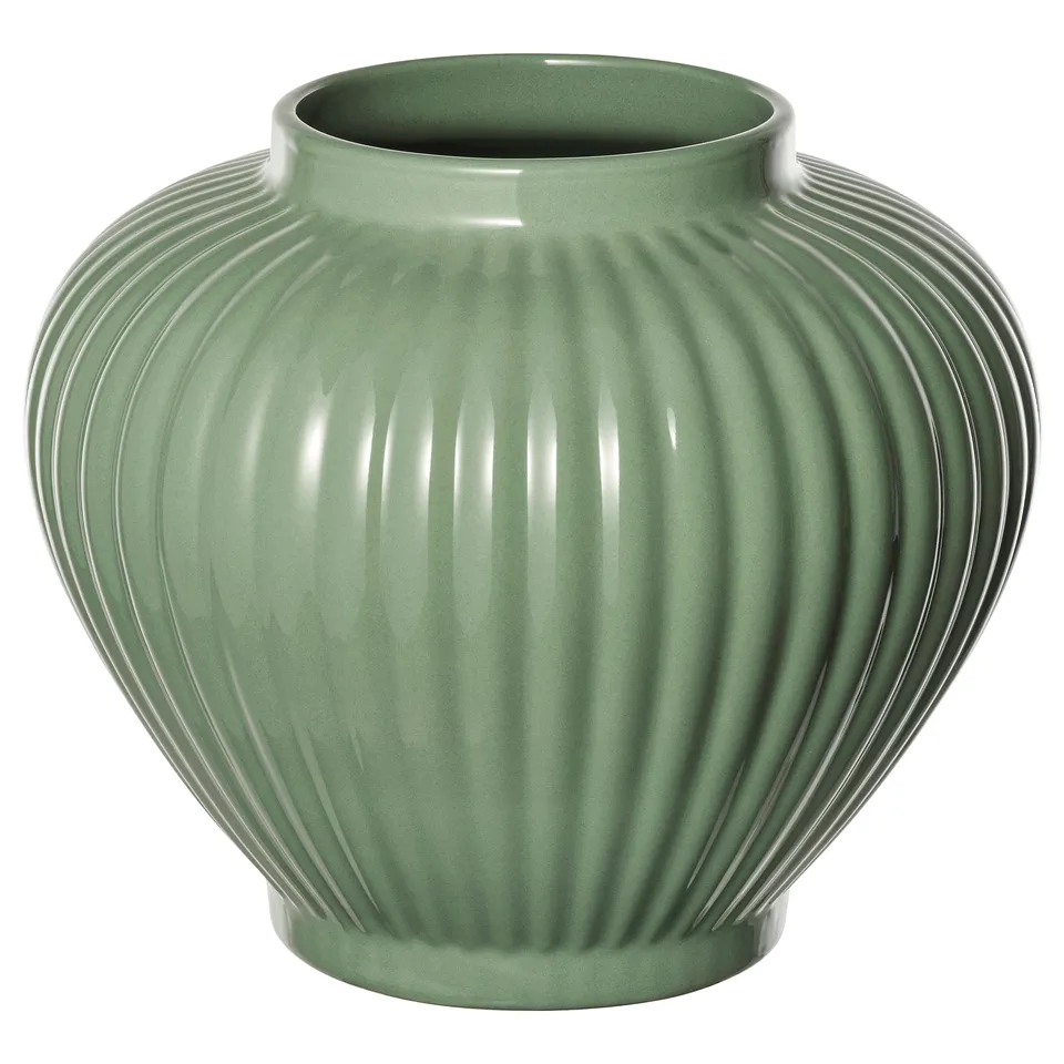 PELARBJÖRK vase: green, glossy stoneware with rounded, grooved shape.