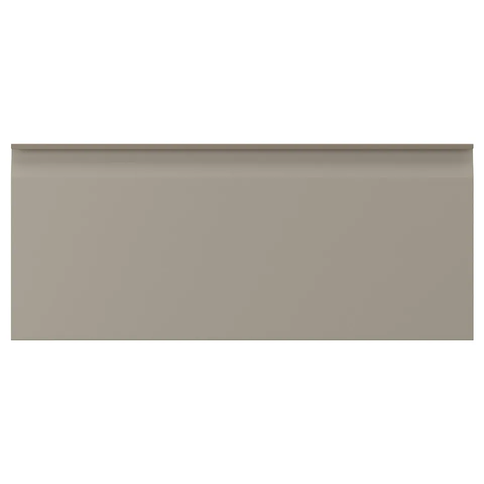 Beige cabinet with chamfered edges and aluminium handles, particleboard, minimalist.