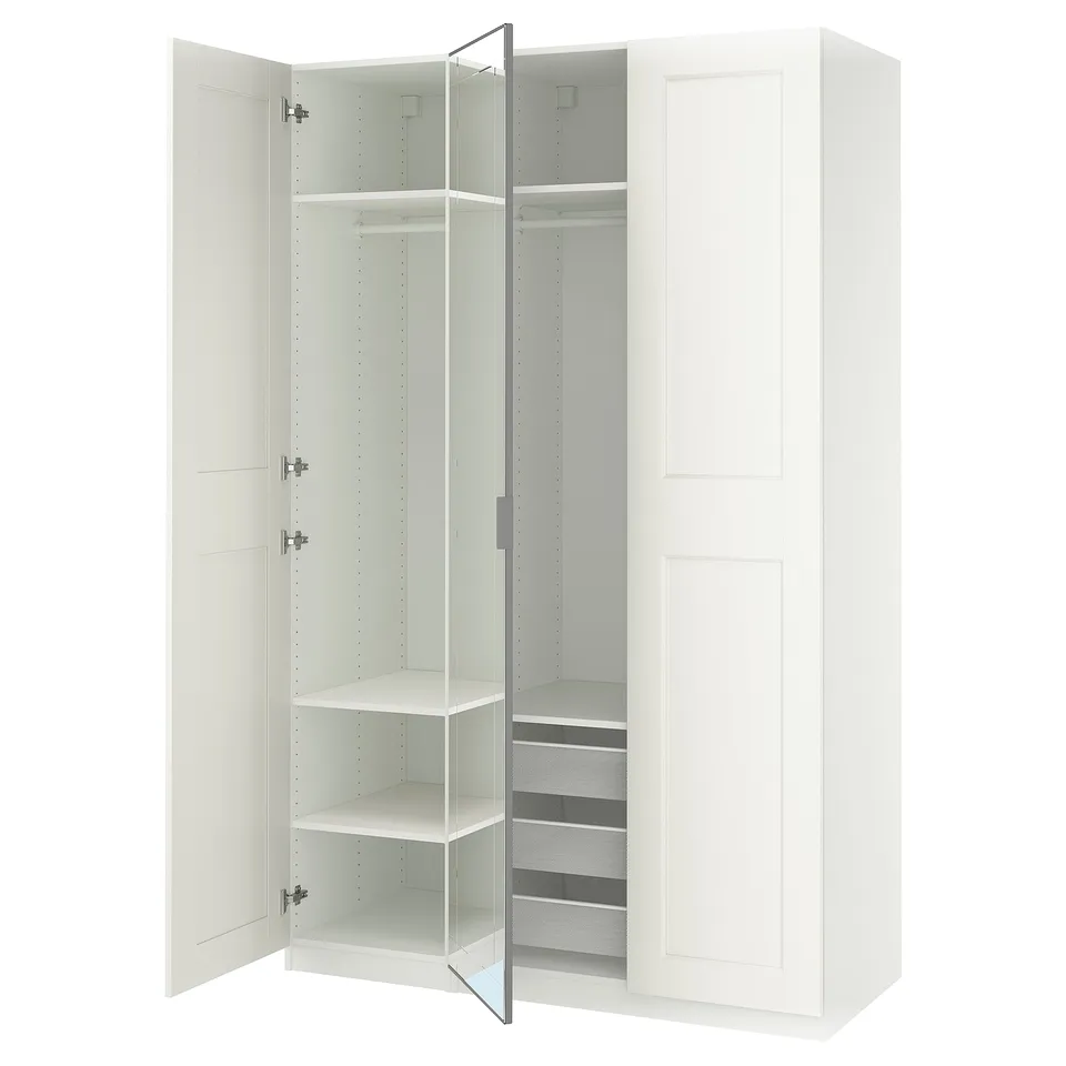 White PAX wardrobe with mirror doors and adjustable shelves.