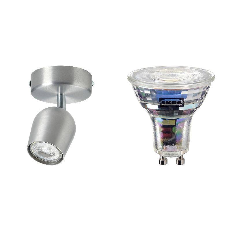 RÖKFRI/SOLHETTA set: ceiling spotlight with 1 spot + LED bulb GU10 345 lumen, aluminium-colour + dimmable, Height 14 cm
