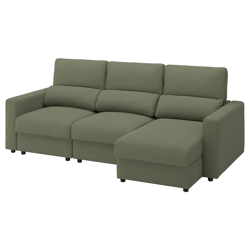 A green MALMKÖPING sofa with adjustable headrests, foam cushions, and a storage chaise longue.
