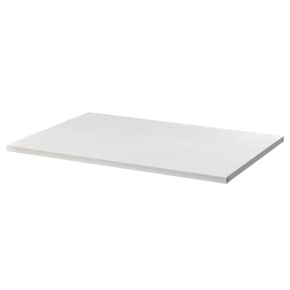 A white JOSTEIN metal shelf. Its rectangular and made of powder-coated galvanised steel, suitable for both outdoor and humid indoor use.