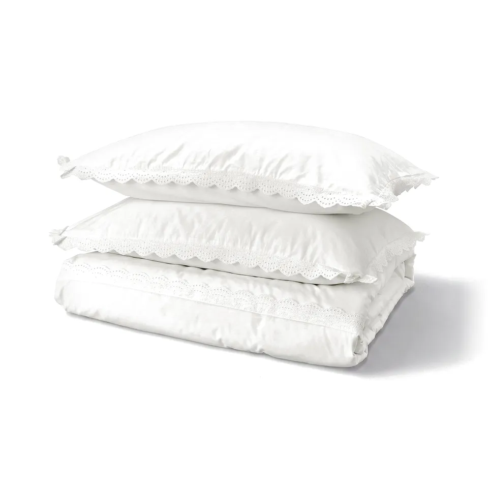 White BIRGITTARÖNN cotton duvet set with lace trim, folded neatly.