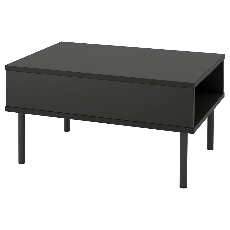 A TUNSTA black rectangular coffee table with metal legs and a drawer, perfect for modern interiors.