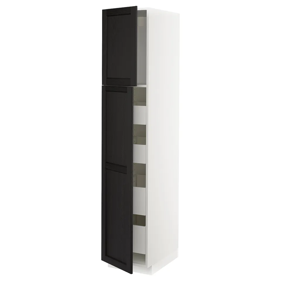 A tall, white METOD kitchen cabinet with black stained lerhyttan wooden doors. It has shelves inside and is designed for storage.