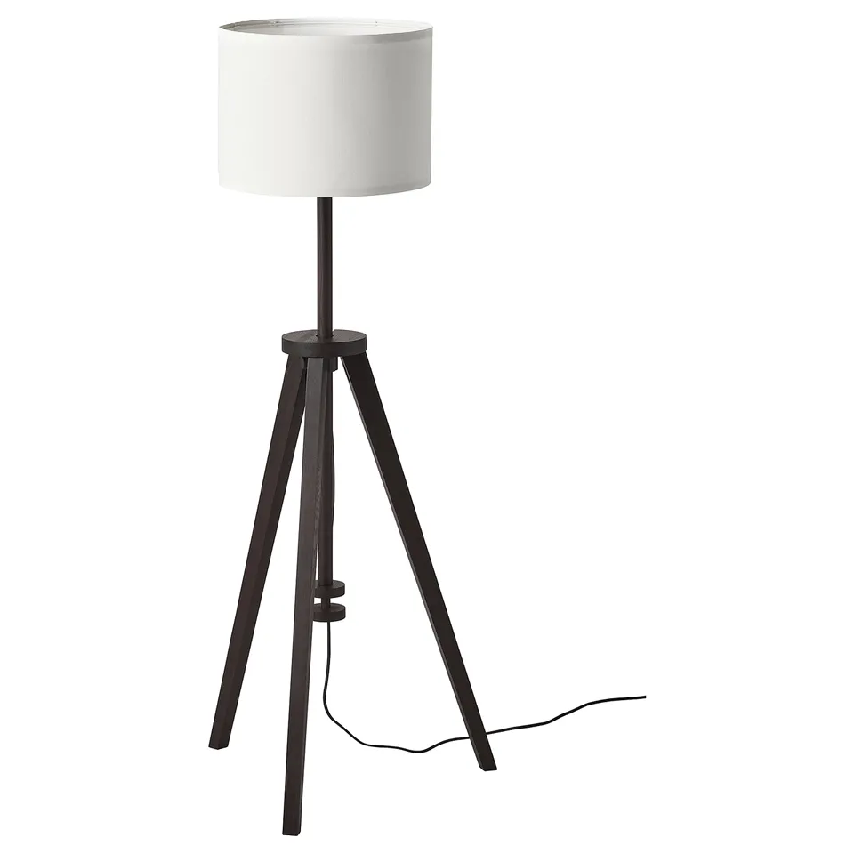 Floor lamp, LAUTERS, black wood, white shade, tripod base.