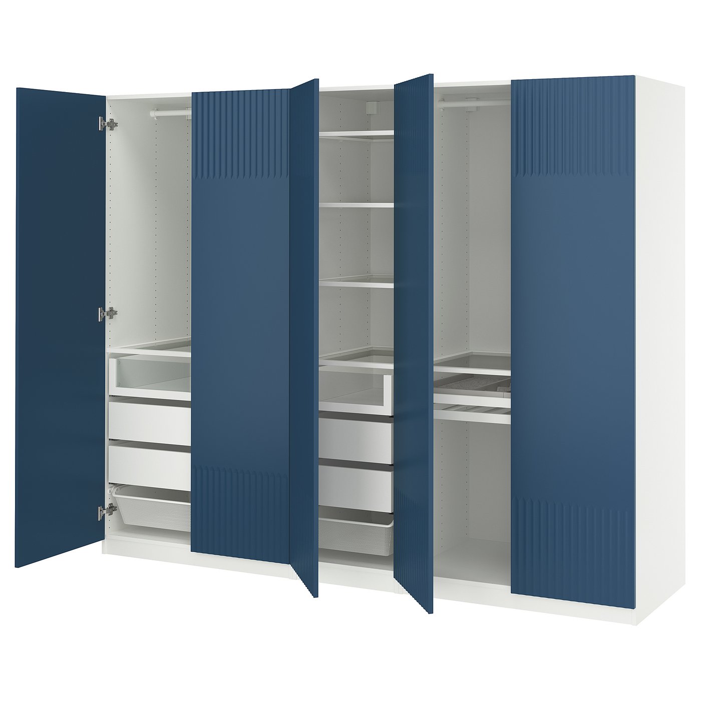 Blue PAX wardrobe with open doors, shelves, and drawers in modern style.