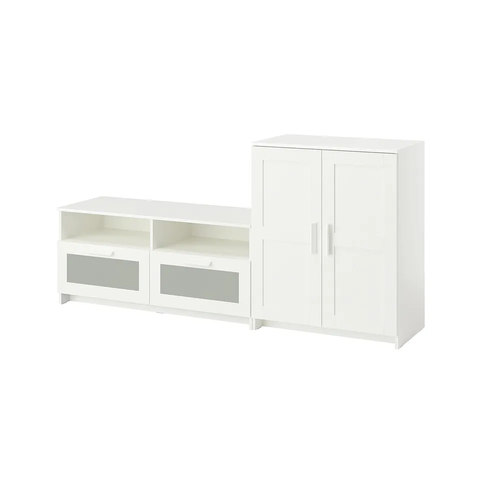 Two-piece white storage set: tv bench with glass drawers and tall cabinet with doors for organised living space.