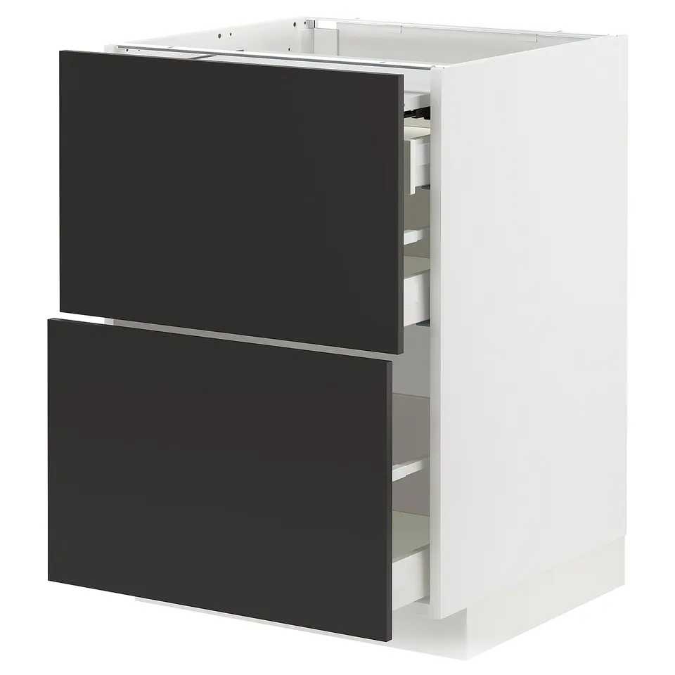Modern kitchen cabinet with two black drawers, part of the METOD system. Full-extension drawers with smooth runners.