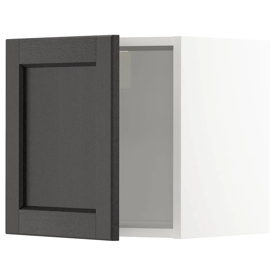 Black stained wooden cabinet door with square design and bevelled edges.