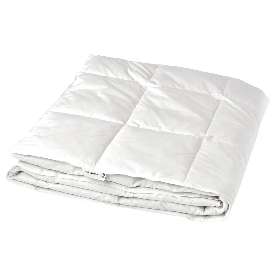 FJÄLLARNIKA white duvet, rectangular, with box-stitch pattern, soft cotton, filled with down and feathers.