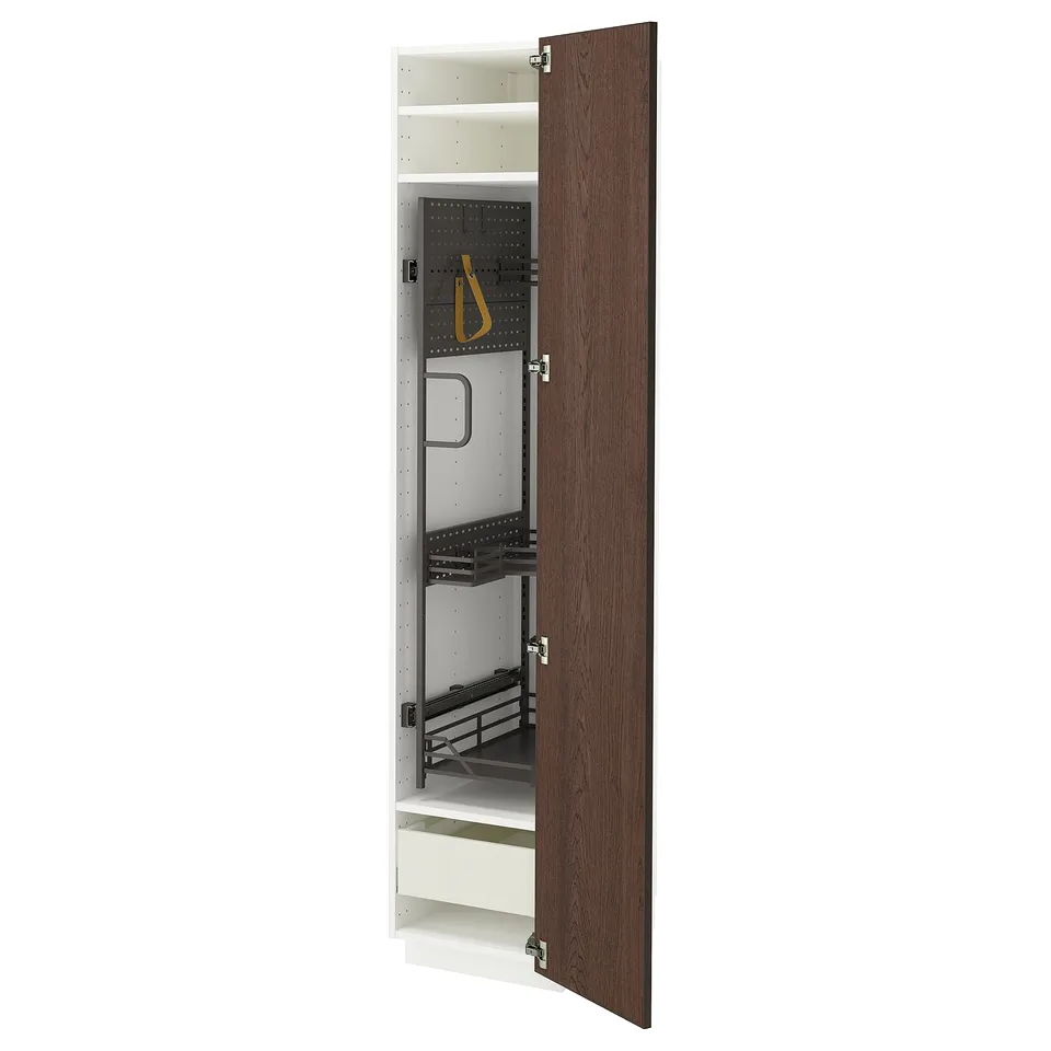 METOD tall kitchen cabinet with dark brown sinarp wood doors, white interior, adjustable shelves, pull-out organiser.