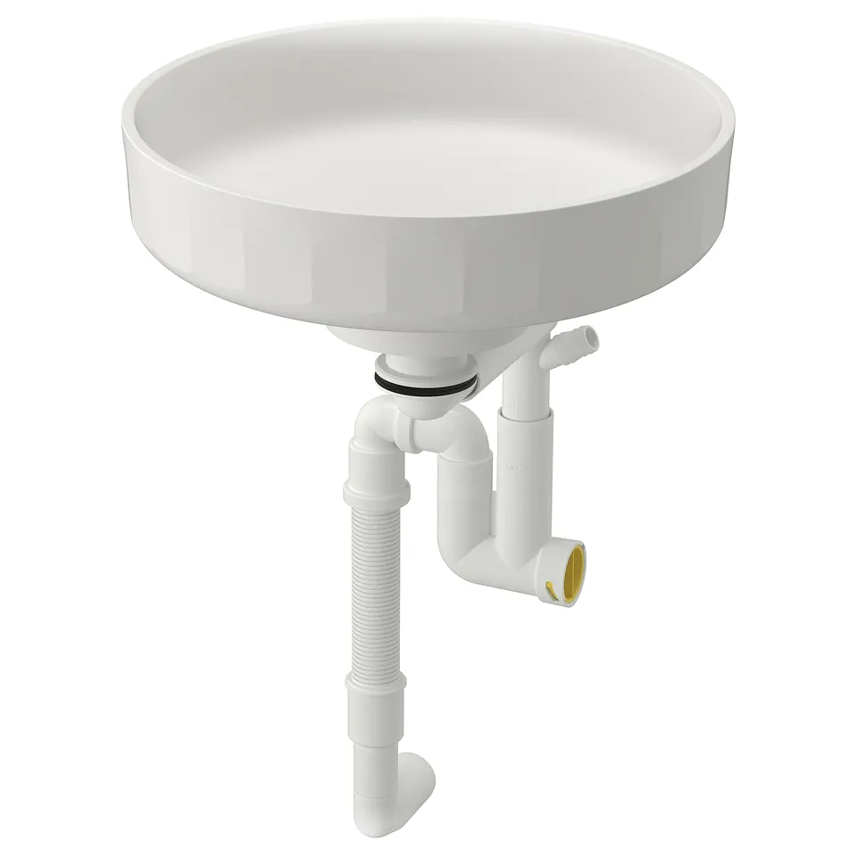 White LERSJÖN crushed marble bathroom basin with modern design and flexible water trap.