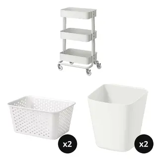 PLOGSVÄNG/RÅSKOG/SUNNERSTA set: trolley + storage basket x2 + container x2, white, 35x45x77 cm