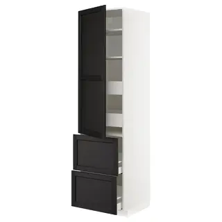 METOD / MAXIMERA hi cab w shlvs/4 drawers/dr/2 frnts, white/Lerhyttan black stained, 60x60x220 cm