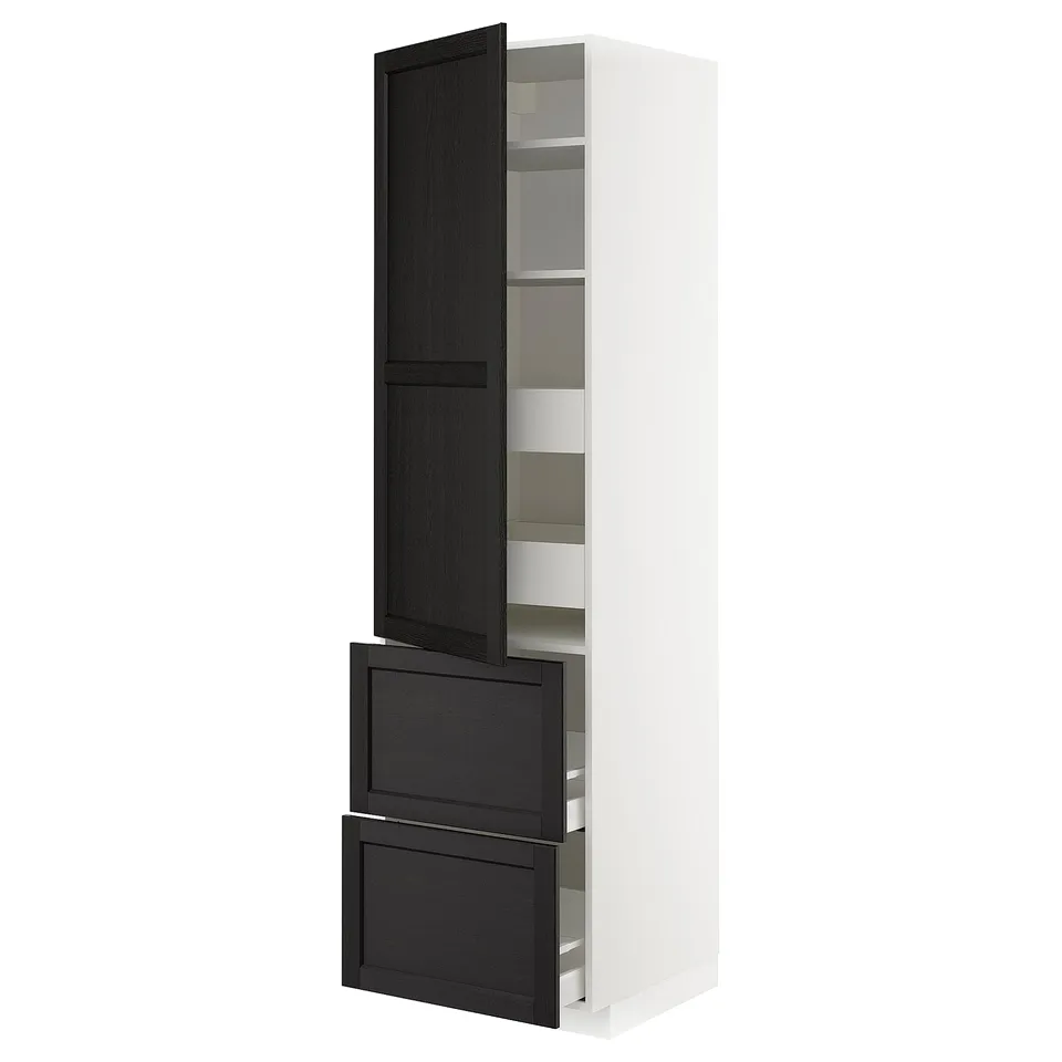 METOD kitchen cabinet, white with black stained ash doors, featuring shelves and drawers.