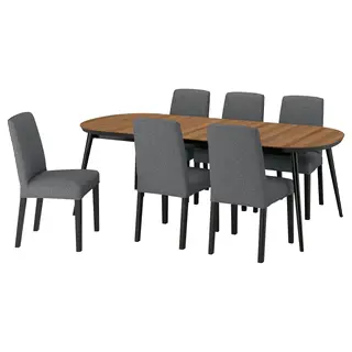 TJÄRKIL / BERGMUND table and 6 chairs, black walnut veneer/Gunnared dark grey black, 180/235/290 cm