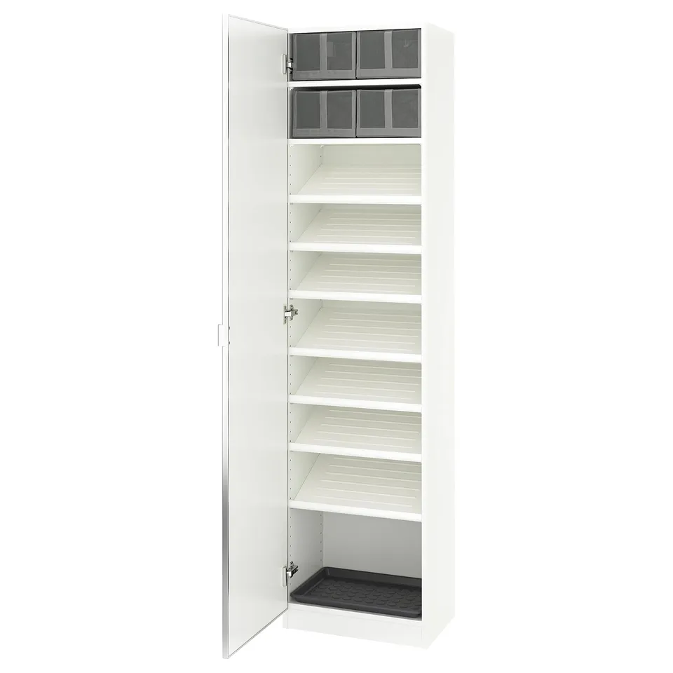 A white ikea PAX wardrobe with open doors revealing multiple shelves and compartments.