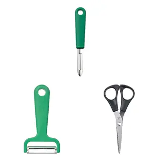 MÅNÖGA/UPPFYLLD set: potato peeler + peeler + scissors, green + bright green + stainless steel/black, Length 17.5 cm