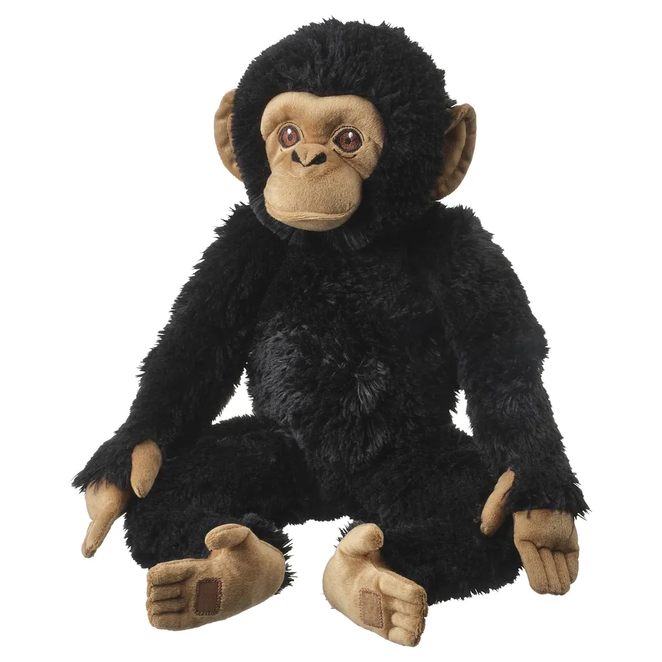 SANDLÖPARE: black stuffed chimpanzee toy. Soft, plush fabric, sitting pose. Recycled materials used.