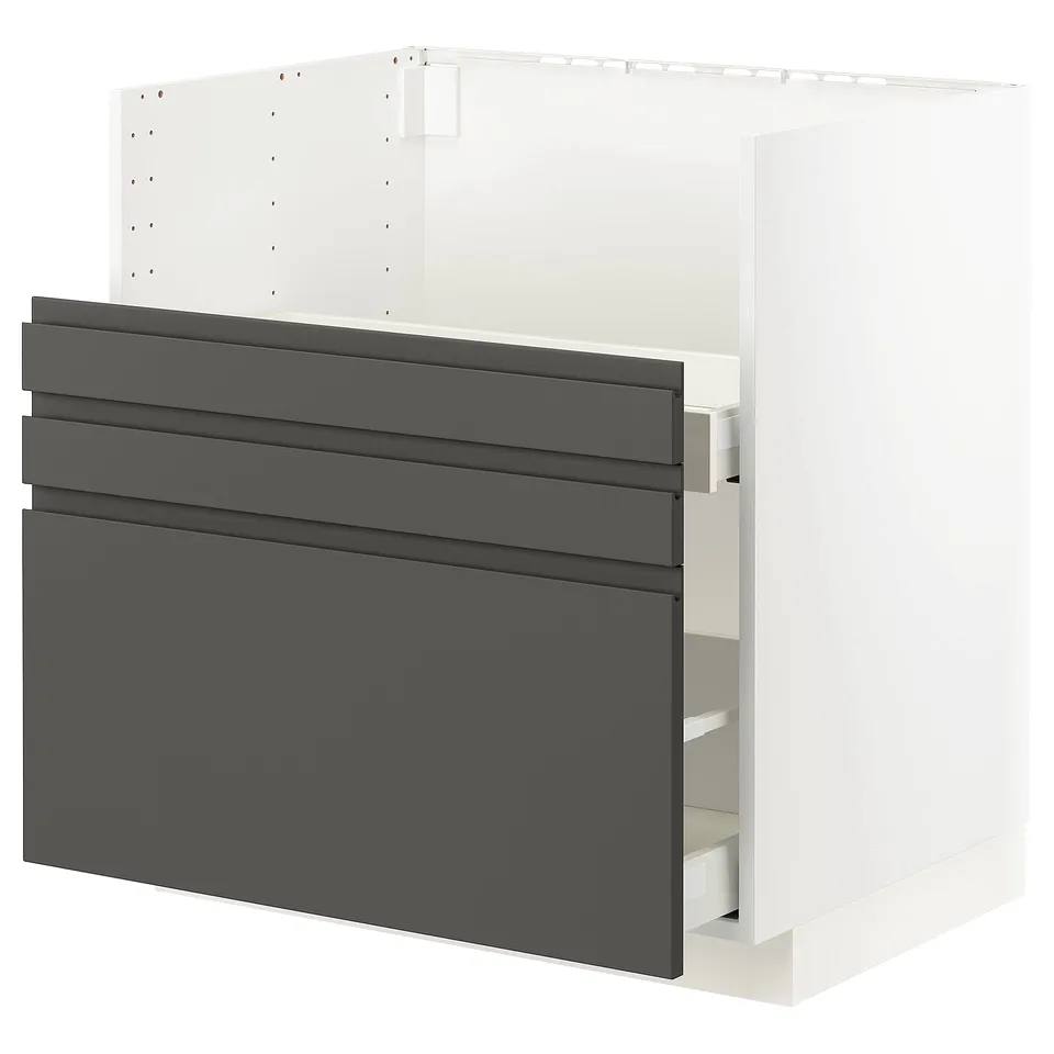 Modern kitchen cabinet in grey with sleek, horizontal handles, featuring a white frame and integrated drawers.
