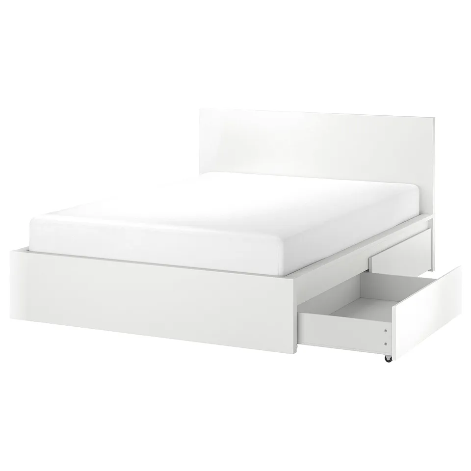 MALM white bed frame with drawer, modern design.