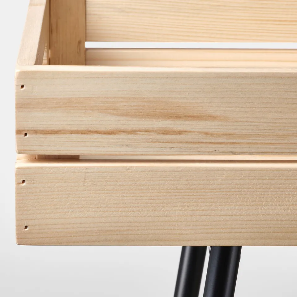 Modern light wood shelf with black metal legs, showcasing quality craftsmanship and sleek design.