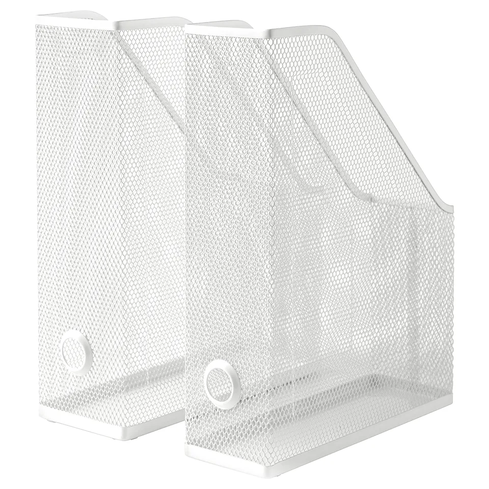 Three white mesh magazine files; square, with cut-out handles.