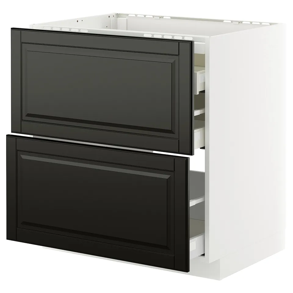 Modern kitchen cabinet: METOD with black bodbyn drawers, white frame, double drawers.