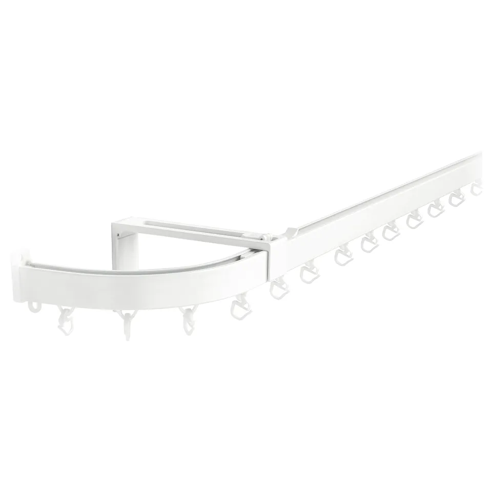 White VIDGA curtain rail system, made of aluminium and plastic, with a curved design and hooks for easy installation.