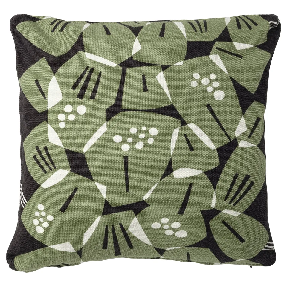 UNDERBLOMMA cushion, black/grey-green leaves, cotton/jute, boxed corners