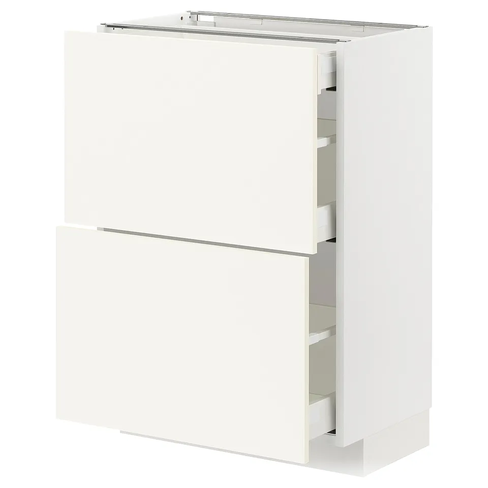 A white ikea METOD kitchen cabinet with two drawers. It has a modern, clean design with smooth surfaces and simple lines.