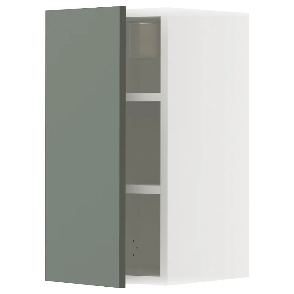A modern kitchen cabinet. It is tall and rectangular with a teal door and grey interior compartments. It a sleek, flat design with adjustable shelves.