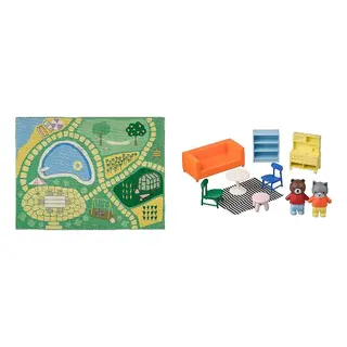 HUSET/HUSSPARV set: rug + dollhouse furniture and figures, green + living room/kitchen multicolour, 100x133 cm