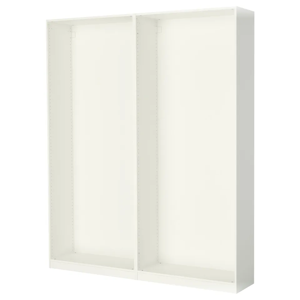 White PAX wardrobe frame, minimalist design, adjustable feet, no handles.