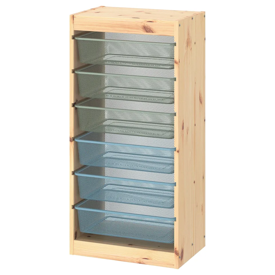 TROFAST storage unit, light wood with blue mesh, rectangular with multiple shelves.