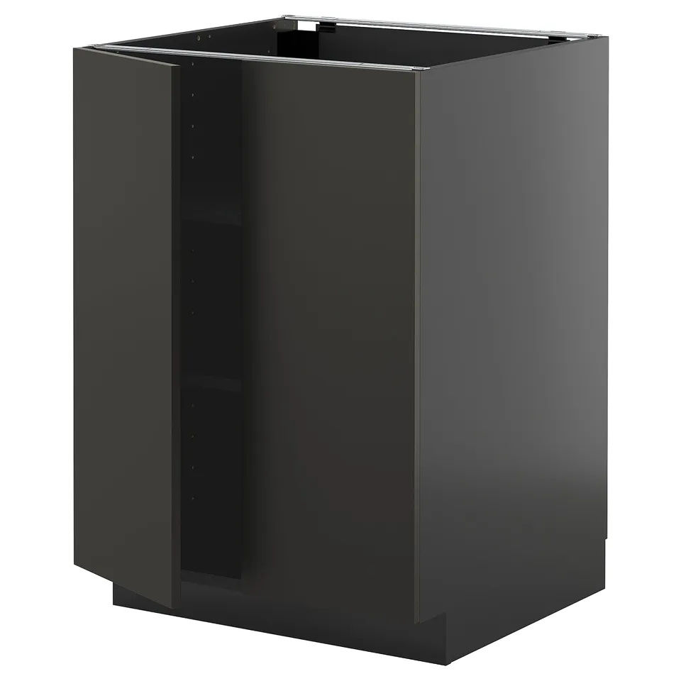 Modern black kitchen cabinet with sleek design and adjustable shelves.