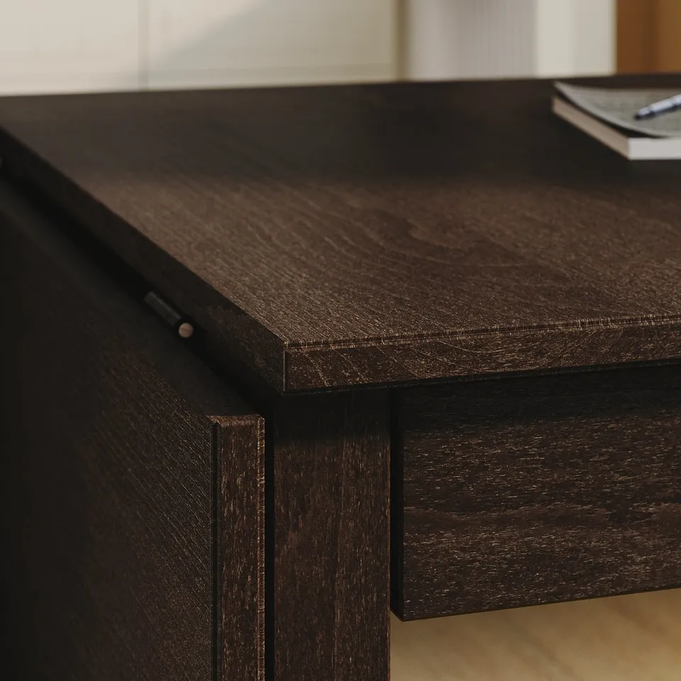 NÄSINGE Gateleg table with storage, dark brown stained/beech veneer, 48/104/159x85 cm