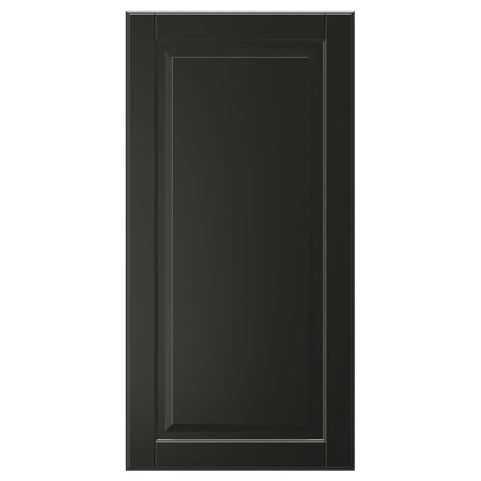 A black BODBYN cabinet door with a sleek, bevelled panel design. Its glossy finish is effortless to clean.