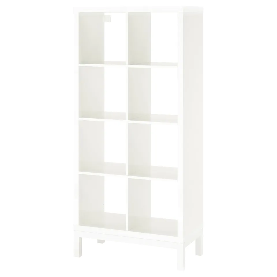 KALLAX white shelving unit; open cube design, modern shape, versatile storage.