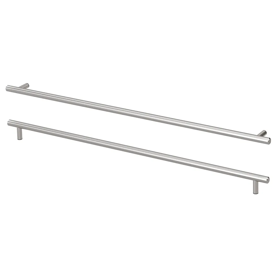 Two long, sleek stainless steel handles, neatly arranged on a white background, showcasing modern kitchen hardware design.