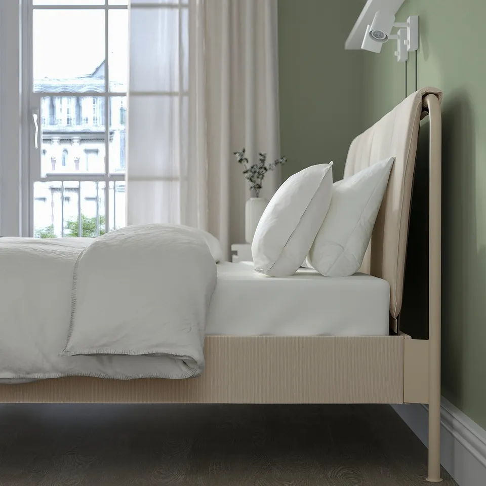part: TÄLLÅSEN upholstered bed frame with mattress
