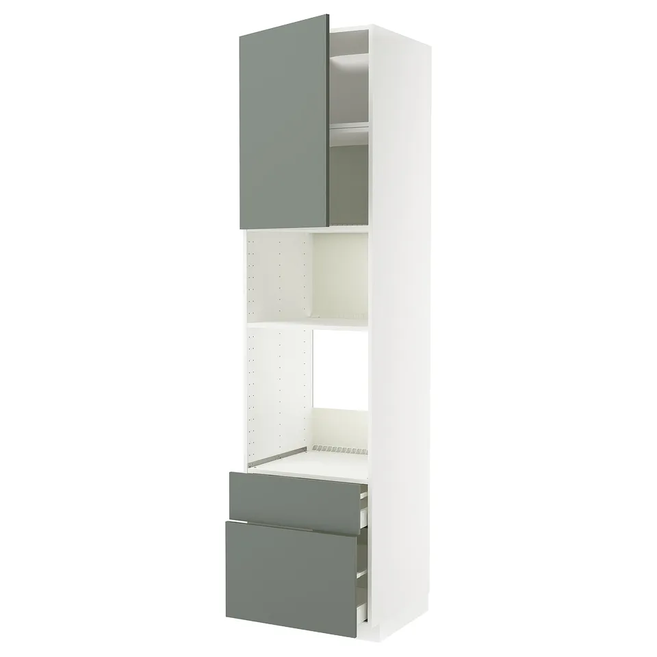 White and gray-green vertical kitchen cabinet unit with drawers and shelves, modern design.