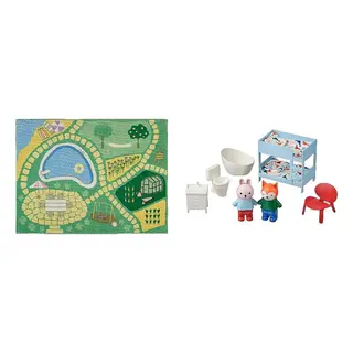 HUSET/HUSSPARV set: rug + dollhouse furniture and figures, green + bedroom/bathroom multicolour, 100x133 cm