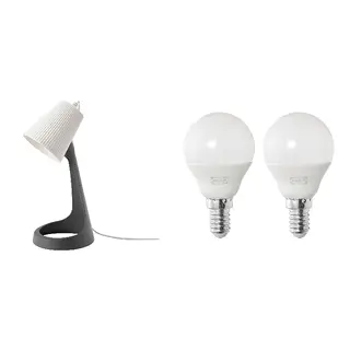 SOLHETTA/SVALLET set: work lamp + LED bulb E14 470 lumen, dark grey/white + globe opal white, Height 35 cm