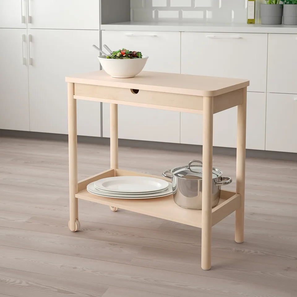 RÖNNINGE kitchen trolley, light birch, rectangular, 2-tier, movable, holds plates & pots.