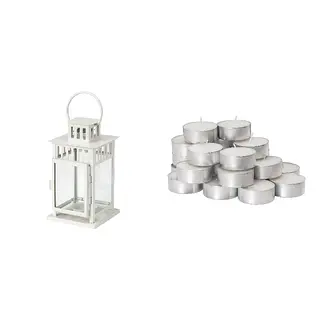 BORRBY/GLIMMA set: lantern for tealight + unscented tealight, in/outdoor white, 20 cm